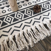 Load image into Gallery viewer, Black and white handmade tassel rug and mat cotton and linen geometric design woven mat Bathroom, Bedroom, Livingroom