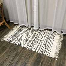 Load image into Gallery viewer, Black and white handmade tassel rug and mat cotton and linen geometric design woven mat Bathroom, Bedroom, Livingroom
