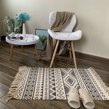 Load image into Gallery viewer, Black and white handmade tassel rug and mat cotton and linen geometric design woven mat Bathroom, Bedroom, Livingroom
